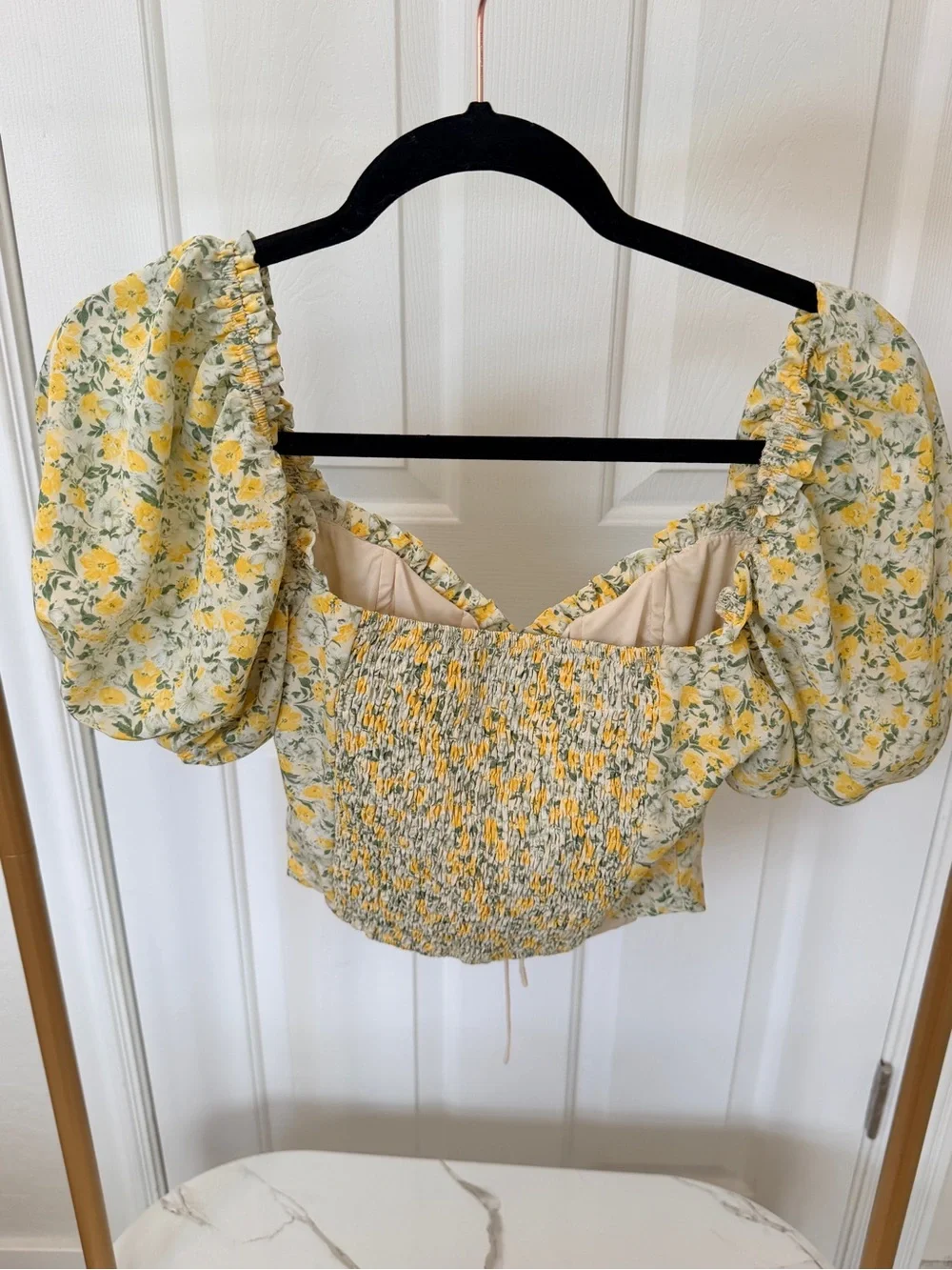 ASTR Floral Puff-Sleeve Tie-Front Crop Top - Yellow